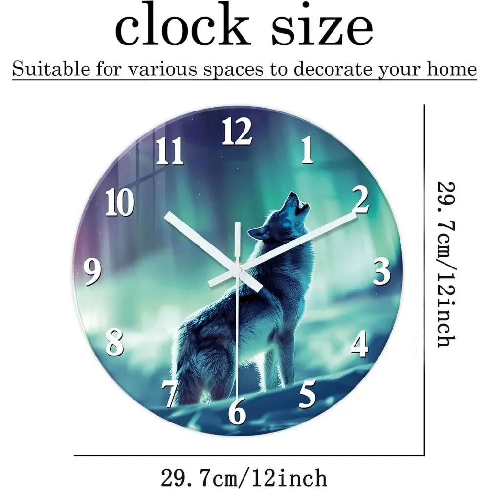 Howling Wolf Wall Clock 12 Inch Northern Lights Aurora Silent Non Ticking Decor